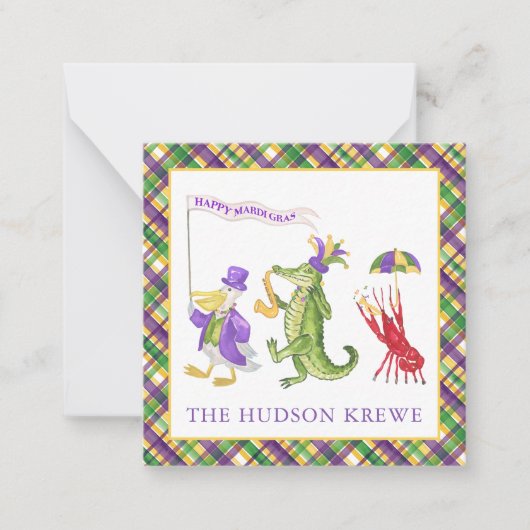 Watercolor Mardi Gras Animal Parade Party ノートカード (正面)