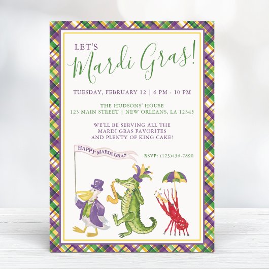 Watercolor Mardi Gras Animal Parade Party 招待状