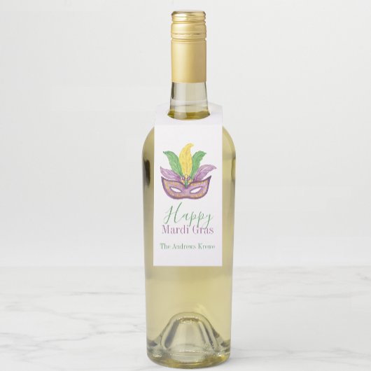 Watercolor Mardi Gras Masks King Cake Crown ボトルネックタグ