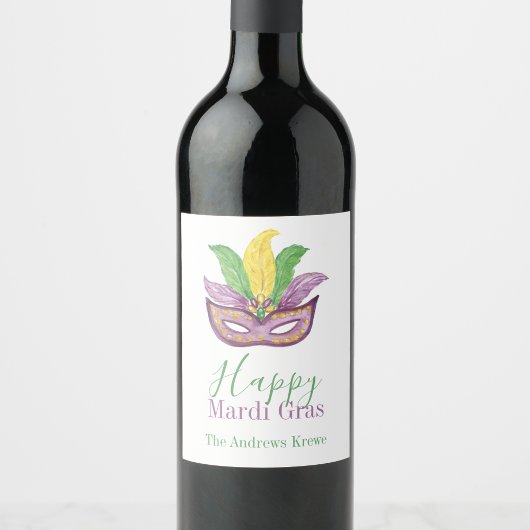 Watercolor Mardi Gras Masks King Cake Crown ワインラベル