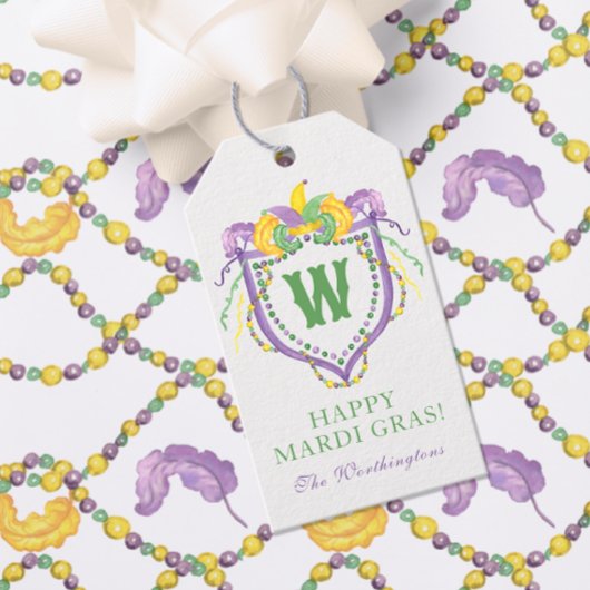 Watercolor Mardi Gras Monogram Crest ギフトタグ