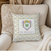 Watercolor Mardi Gras Monogram Crest クッション