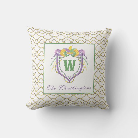Watercolor Mardi Gras Monogram Crest クッション (正面)