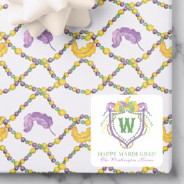 Watercolor Mardi Gras Monogram Crest スクエアシール