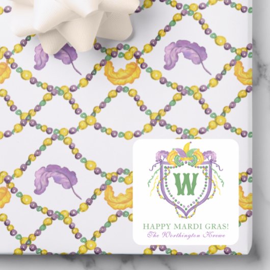 Watercolor Mardi Gras Monogram Crest スクエアシール