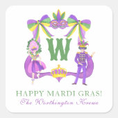 Watercolor Mardi Gras Monogram Crest スクエアシール (正面)