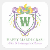 Watercolor Mardi Gras Monogram Crest スクエアシール (正面)