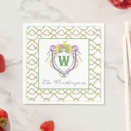 Watercolor Mardi Gras Monogram Crest スタンダードカクテルナプキン
