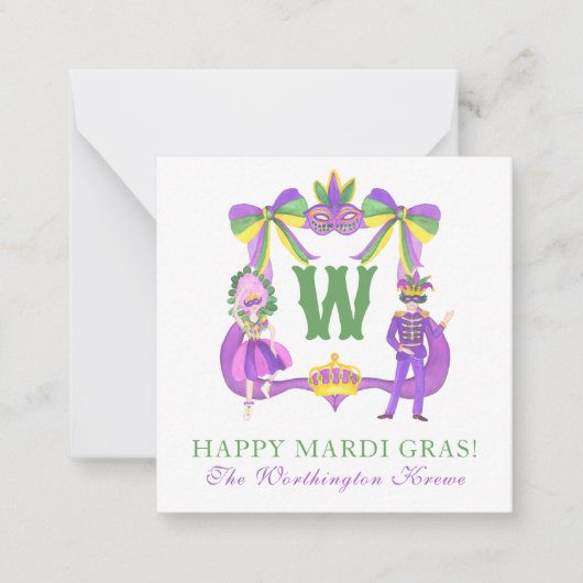 Watercolor Mardi Gras Monogram Crest ノートカード (正面)
