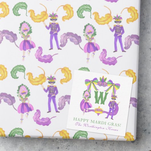 Watercolor Mardi Gras Monogram Crest ノートカード