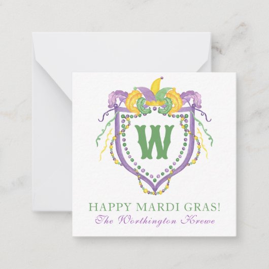 Watercolor Mardi Gras Monogram Crest ノートカード (正面)