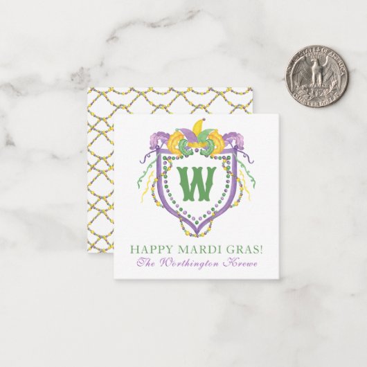Watercolor Mardi Gras Monogram Crest ノートカード (正面/裏面インサイチュ)