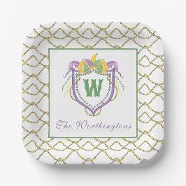 Watercolor Mardi Gras Monogram Crest ペーパープレート