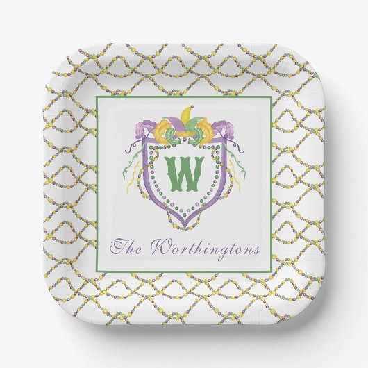 Watercolor Mardi Gras Monogram Crest ペーパープレート
