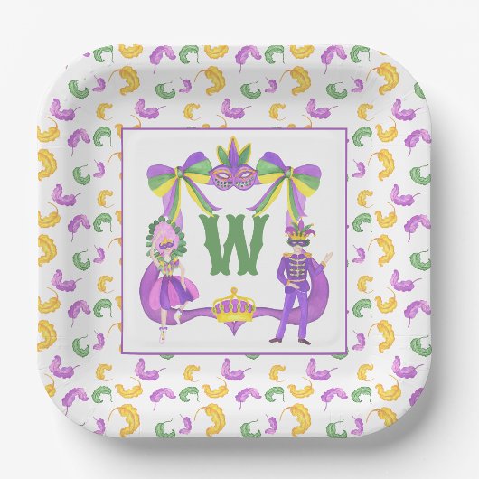 Watercolor Mardi Gras Monogram Crest ペーパープレート