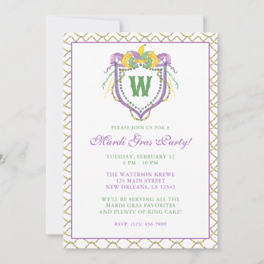 Watercolor Mardi Gras Monogram Crest Party 招待状 (正面)