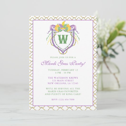 Watercolor Mardi Gras Monogram Crest Party 招待状 (スタンド正面)
