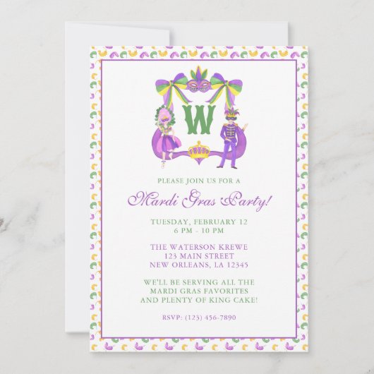 Watercolor Mardi Gras Monogram Crest Party 招待状 (正面)