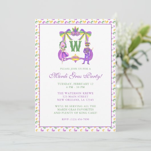 Watercolor Mardi Gras Monogram Crest Party 招待状 (スタンド正面)