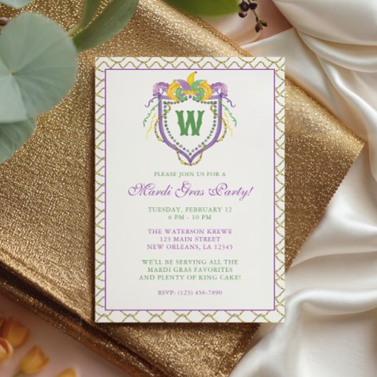 Watercolor Mardi Gras Monogram Crest Party 招待状
