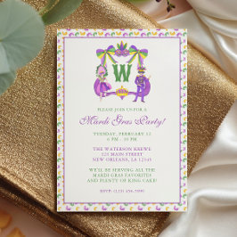 Watercolor Mardi Gras Monogram Crest Party 招待状