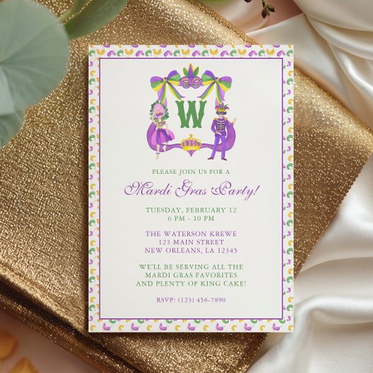 Watercolor Mardi Gras Monogram Crest Party 招待状