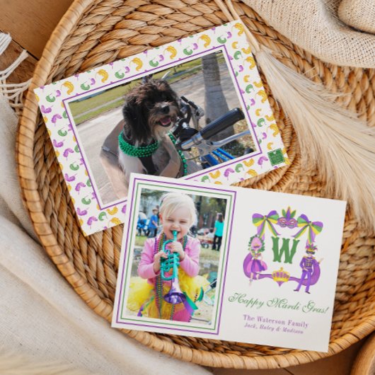 Watercolor Mardi Gras Monogram Crest Photo シーズンカード