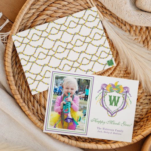 Watercolor Mardi Gras Monogram Crest Photo シーズンカード