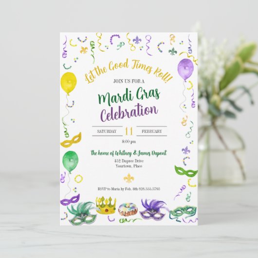 Watercolor Mardi Gras Objects Party 招待状 (スタンド正面)
