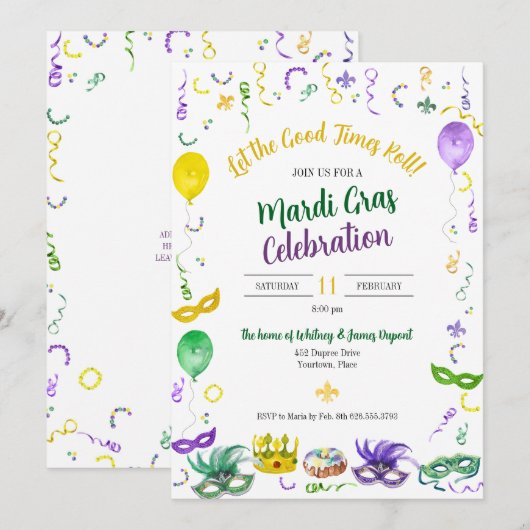 Watercolor Mardi Gras Objects Party 招待状 (正面/裏面)