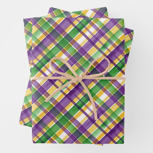 Watercolor Mardi Gras Plaid ラッピングペーパーシート (インサイチュ)