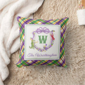 Watercolor Mardi Gras Plaid Animals Monogram Crest クッション (ブランケット)