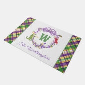Watercolor Mardi Gras Plaid Animals Monogram Crest ドアマット (アングル)