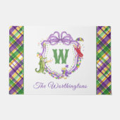 Watercolor Mardi Gras Plaid Animals Monogram Crest ドアマット (正面)