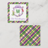 Watercolor Mardi Gras Plaid Animals Monogram Crest ノートカード (正面/裏面)