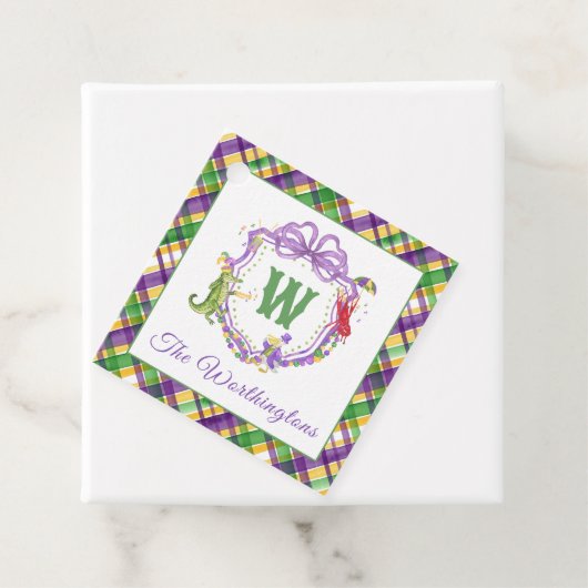 Watercolor Mardi Gras Plaid Animals Monogram Crest フェイバータグ (インサイチュ)