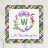 Watercolor Mardi Gras Plaid Animals Monogram Crest フェイバータグ (正面)