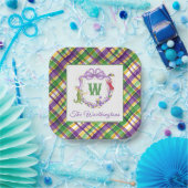 Watercolor Mardi Gras Plaid Animals Monogram Crest ペーパープレート (パーティー)