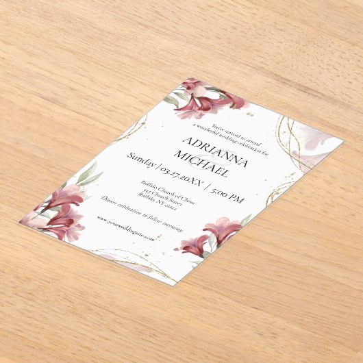 Watercolor Maroon Floral Wedding Invitation アクリル招待状 (レイダウン)