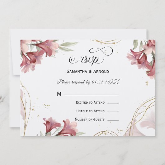 Watercolor Maroon Floral Wedding RSVP 招待状 (正面)
