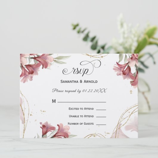 Watercolor Maroon Floral Wedding RSVP 招待状 (スタンド正面)