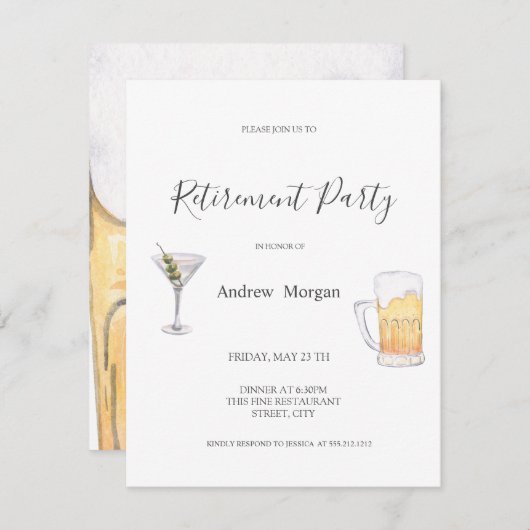 Watercolor Martini,Beer Retirement Party 招待状 (正面/裏面)