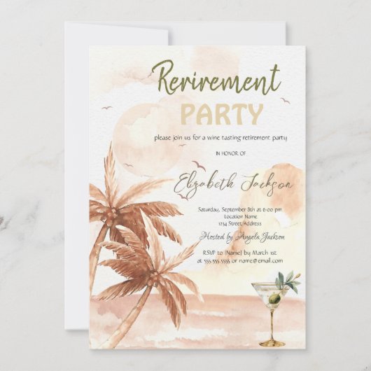 Watercolor Martini Glass Rustic Palms Retirement  招待状 (正面)