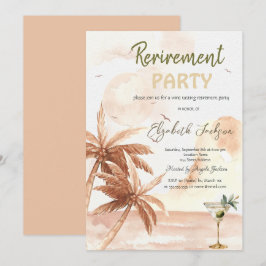 Watercolor Martini Glass Rustic Palms Retirement  招待状