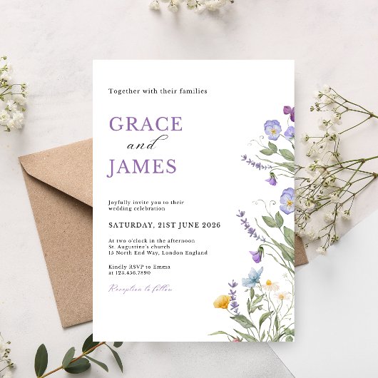 Watercolor Meadow Floral Wedding Invitation 招待状