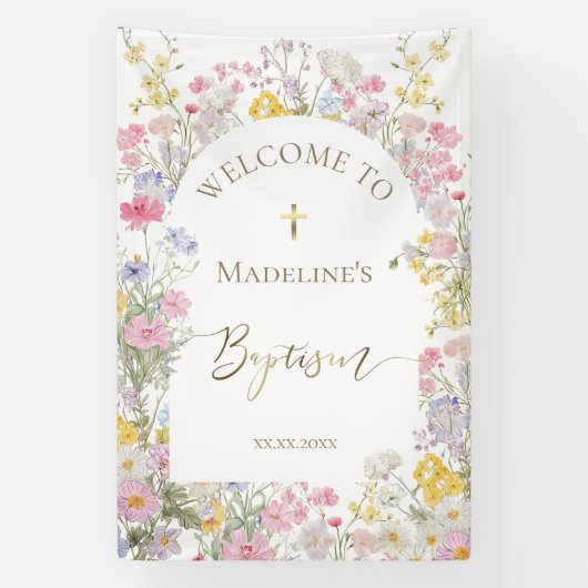 watercolor meadow flowers Baptism welcome 横断幕 (縦)