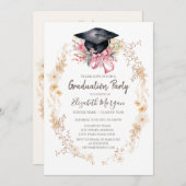 Watercolor Meadow Flowers Cap Bow Graduation 招待状 (正面/裏面)