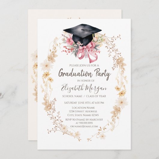 Watercolor Meadow Flowers Cap Bow Graduation 招待状 (正面/裏面)
