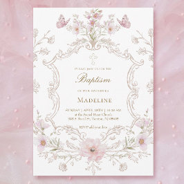 watercolor meadow flowers frame Baptism girl 招待状