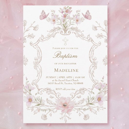 watercolor meadow flowers frame Baptism girl 招待状